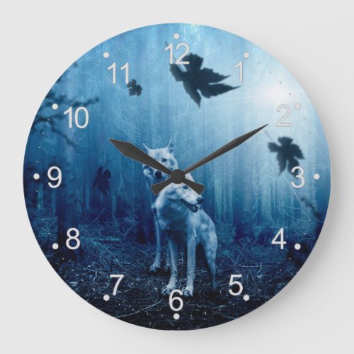 Two white wolves in the wild forest large clock