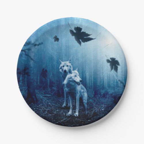 Two white wolves in the wild forest paper plates