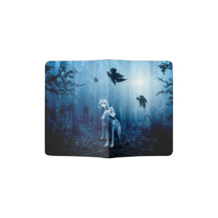Two white wolves in the wild forest passport holder