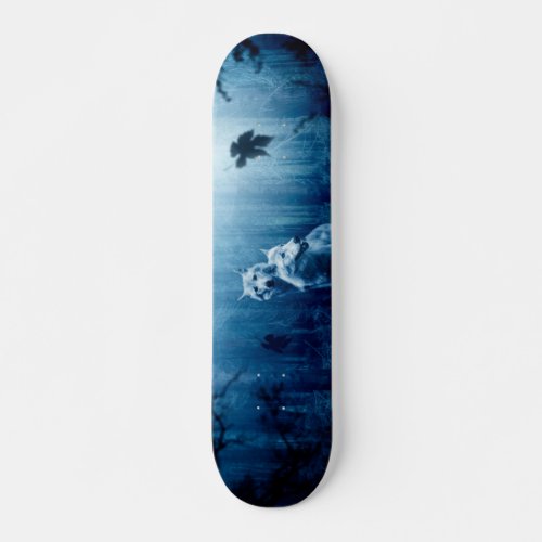 Two white wolves in the wild forest skateboard