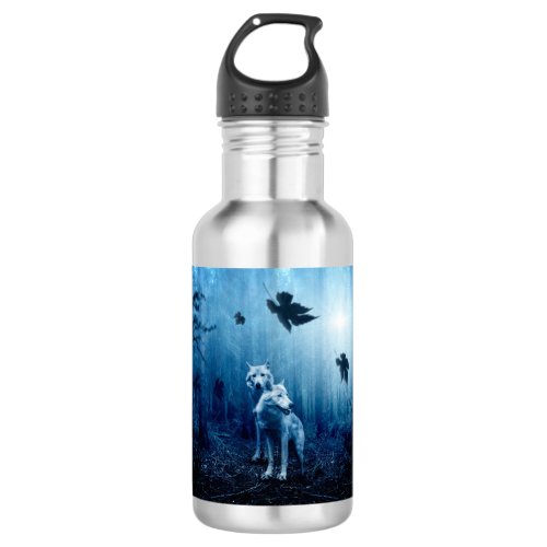 Two white wolves in the wild forest stainless steel water bottle