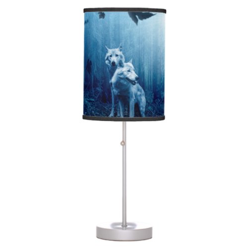 Two white wolves in the wild forest table lamp