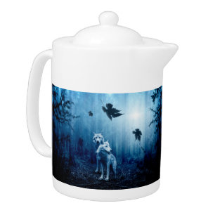 Two white wolves in the wild forest teapot