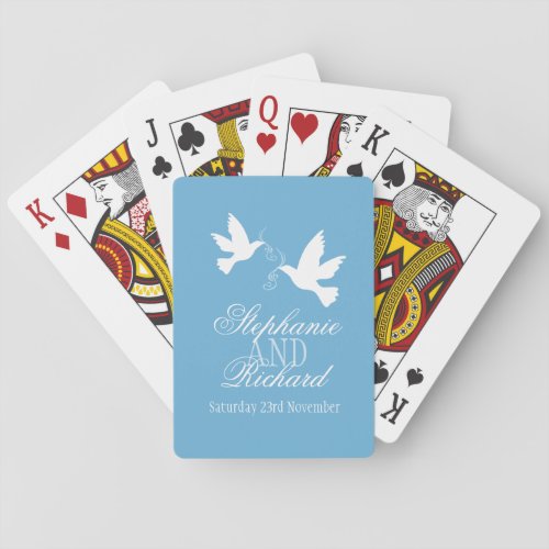 Two whites dove blue wedding name playing cards