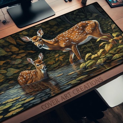 Two Whitetail Deer Cooling Off In The Brook Desk Mat