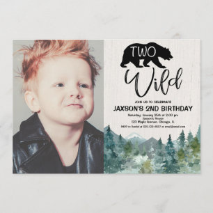 Two Wild 2nd birthday boy rustic mountains photo Invitation