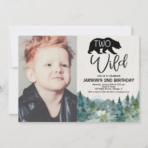 Two Wild 2nd birthday boy rustic mountains photo Invitation