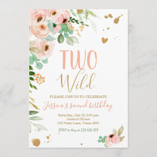Two Wild 2nd Birthday Invitation Floral Pink Gold