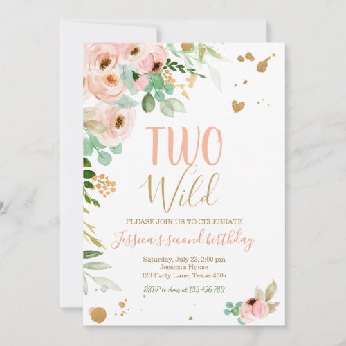 Two Wild 2nd Birthday Invitation Floral Pink Gold