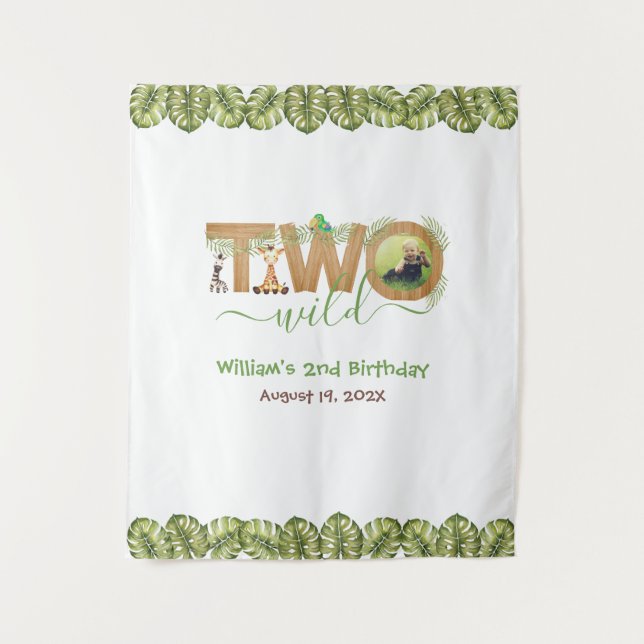 Two Wild 2nd Birthday Jungle Leaves Photo Backdrop (Front)
