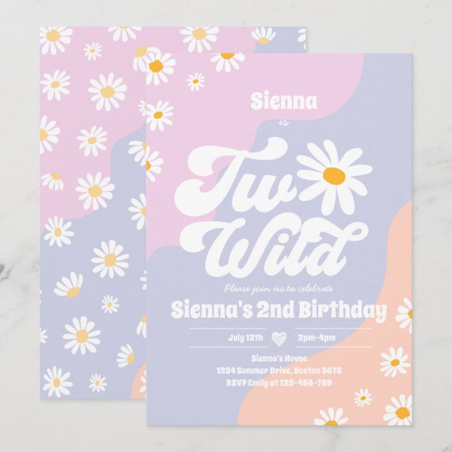 Two Wild 2nd Birthday Party Boho Floral Daisy Invitation (Front/Back)