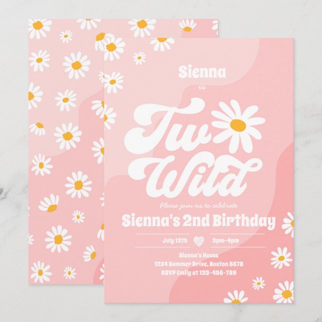 Two Wild 2nd Birthday Party Boho Floral Daisy Invitation (Front/Back)