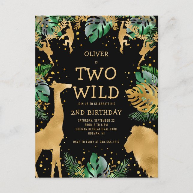 Two Wild 2nd Birthday Party Green Gold Black Postcard (Front)