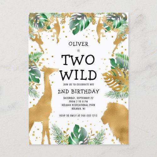 Two Wild 2nd Birthday Party Green Gold Safari Postcard