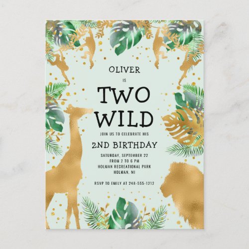 Two Wild 2nd Birthday Party Pale Green Gold Safari Postcard