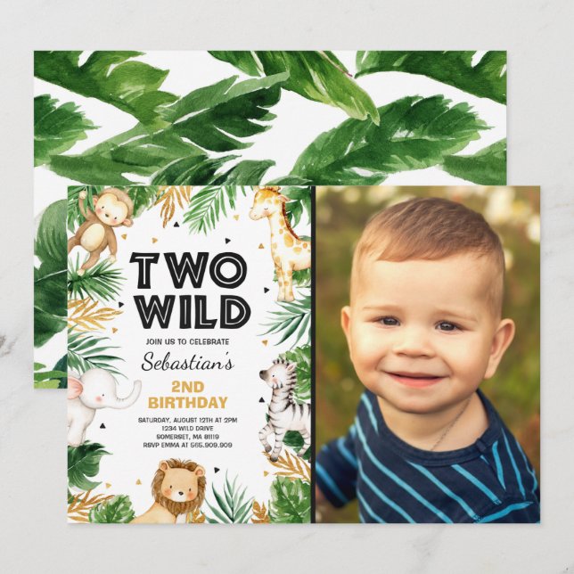 Two Wild 2nd Birthday Party Safari Animals Party Invitation (Front/Back)