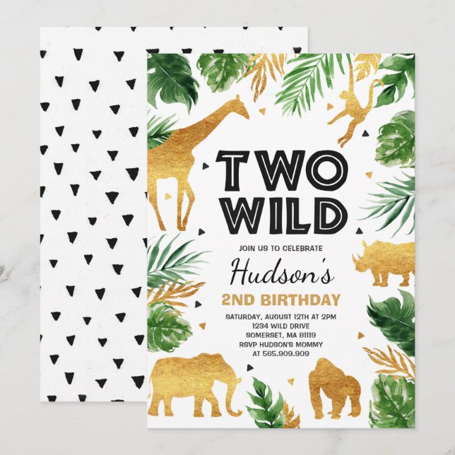 Two Wild 2nd Birthday Party Safari Animals Party Invitation (Front/Back)