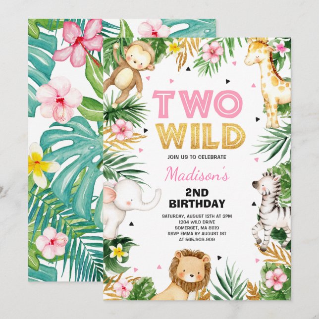 Two Wild 2nd Birthday Party Safari Animals Party Invitation (Front/Back)