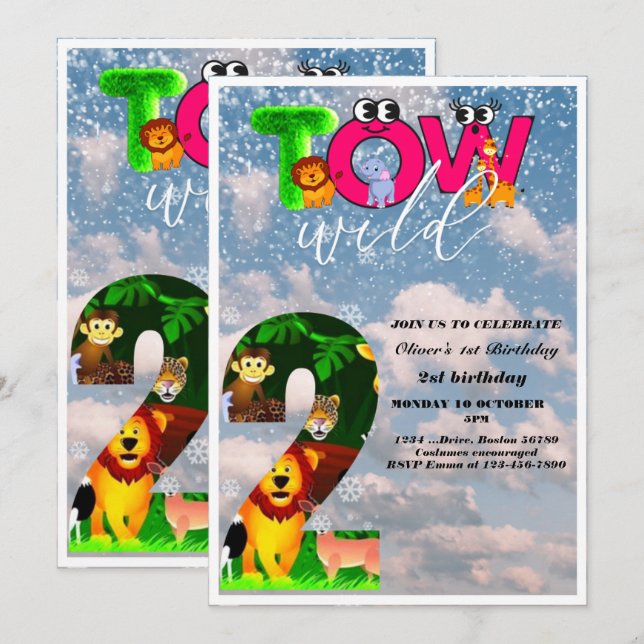 Two Wild 2nd Birthday Party Safari Animals Party   Invitation (Front/Back)