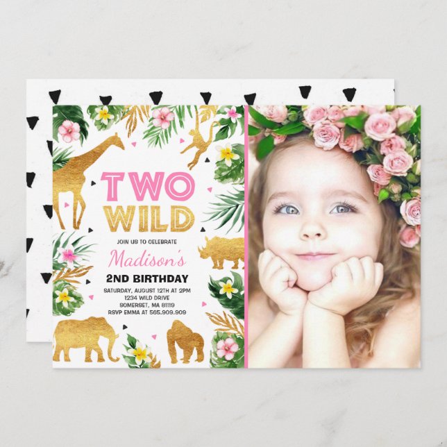 Two Wild 2nd Birthday Party Safari Animals Party Invitation (Front/Back)