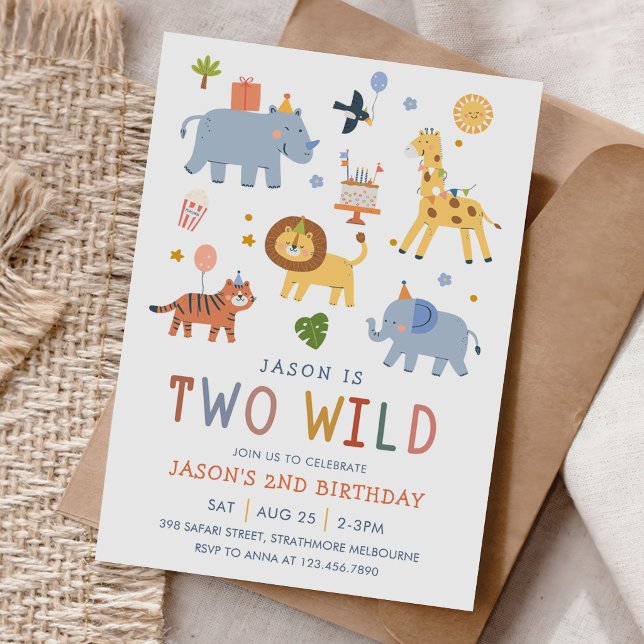 Two Wild 2nd Birthday Safari Animals Cute Invitation (Creator Uploaded)