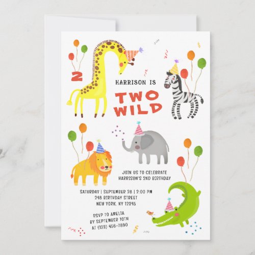 Two Wild 2nd Birthday Safari Animals Cute Kids Invitation