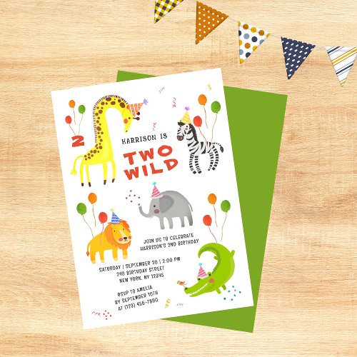 Two Wild 2nd Birthday Safari Animals Cute Kids Invitation