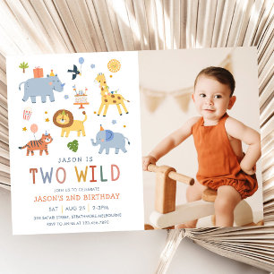 Two Wild 2nd Birthday Safari Animals Cute Photo Invitation