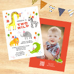 Two Wild 2nd Birthday Safari Animals Cute Photo Invitation<br><div class="desc">Two Wild 2nd Birthday Safari Animals Cute Kids Photo Invitations Invites features whimsical giraffe, elephant, lion, zebra and crocodile, cute and colorful wild animals with the text "Two Wild" in modern orange typography script accented with the number 2, balloons and confetti. Perfect for boys or girls kids second birthday party...</div>