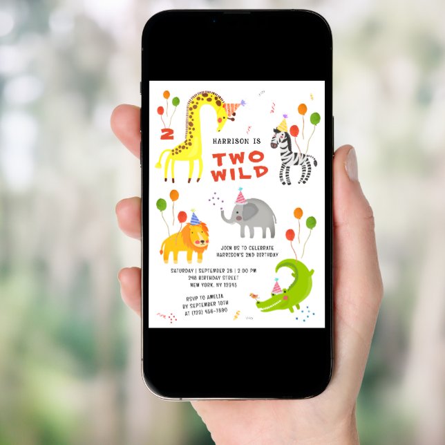 Two Wild 2nd Birthday Safari Animals Cute Photo Invitation (Front Digital)