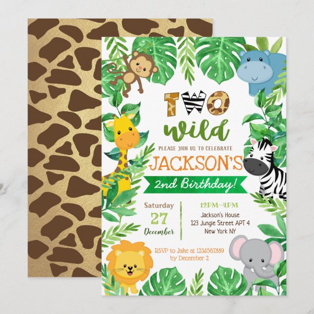 Two Wild 2nd Birthday Safari Animals Invitations (Front/Back)