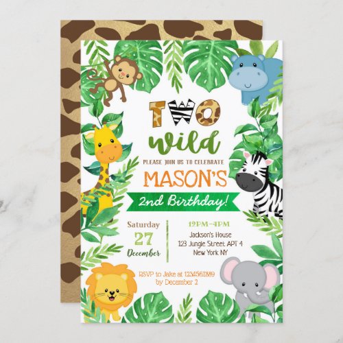 Two Wild 2nd Birthday Safari Animals Invitations