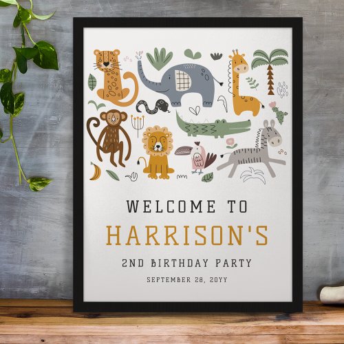 Two Wild 2nd Birthday Safari Animals Kids Welcome Poster
