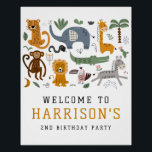 Two Wild 2nd Birthday Safari Animals Kids Welcome Poster<br><div class="desc">Two Wild 2nd Birthday Safari Animals Cute Kids Welcome Tapestry features whimsical giraffe, elephant, lion, zebra, leopard, monkey, snake, crocodile, cute and colorful wild animals with the text in modern black and mustard typography script. Perfect for boys or girls, kids second birthday party celebrations. Designed by Evco Studio. For coordinating...</div>