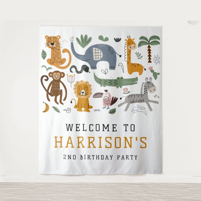 Two Wild 2nd Birthday Safari Animals Kids Welcome Tapestry (Front)