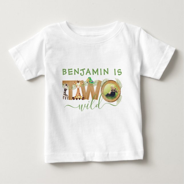 Two Wild 2nd Birthday Tropical Jungle Safari Photo Baby T-Shirt (Front)