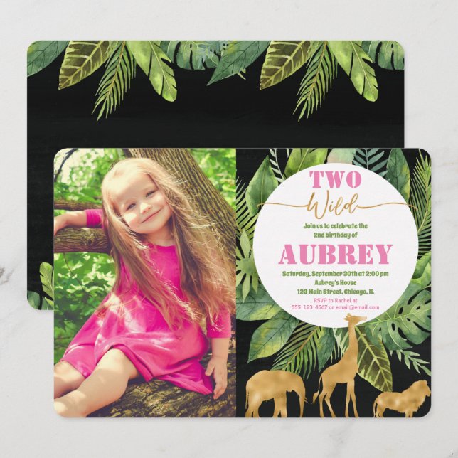 Two wild 2nd second birthday photo invitation pink (Front/Back)