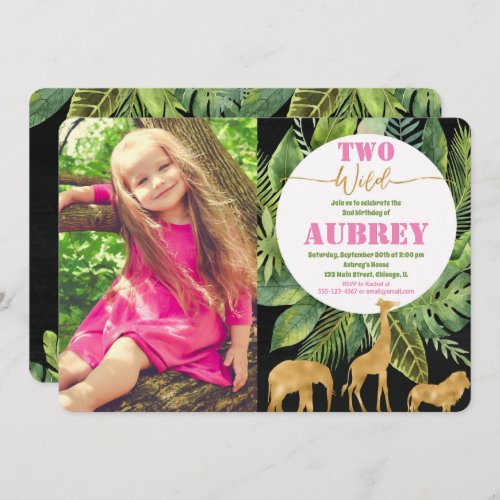 Two wild 2nd second birthday photo invitation pink