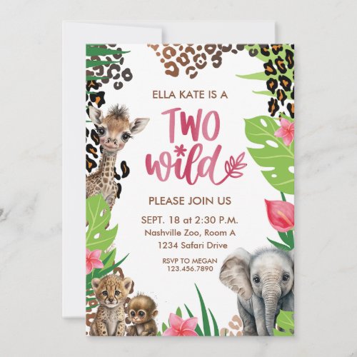 Two Wild Animal Safari Girl 2nd Birthday Party  Invitation