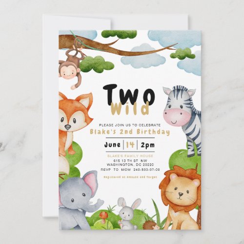 Two Wild Animals Second 2nd Birthday Invitation