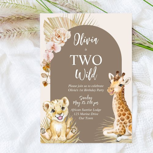 Two wild baby animals boho arch 2nd birthday invitation