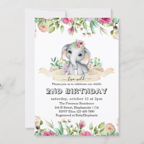 Two Wild _ Baby Elephant and Flowers 2nd Birthday Invitation