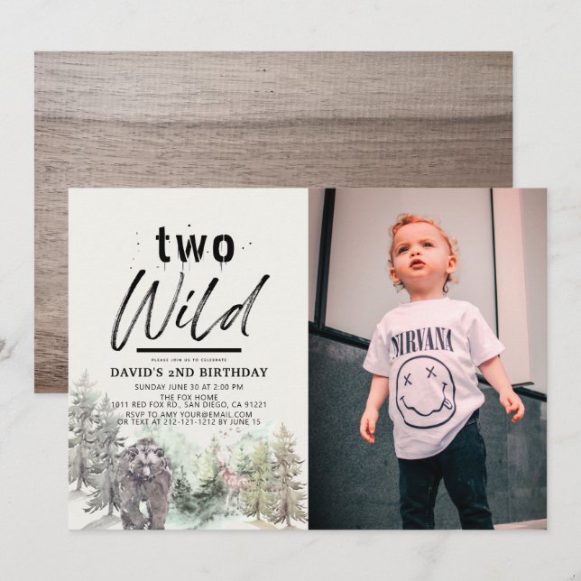 Two Wild Bear Forest Mountain 2nd Birthday Photo Invitation (Front/Back)
