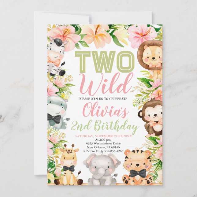 Two Wild Birthday, 2nd Birthday Jungle Animals Invitation (Front)