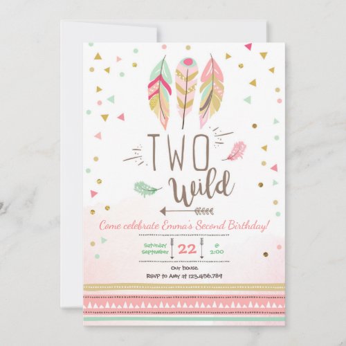 Two Wild Birthday Girl Pink Gold 2nd Boho Feathers Invitation