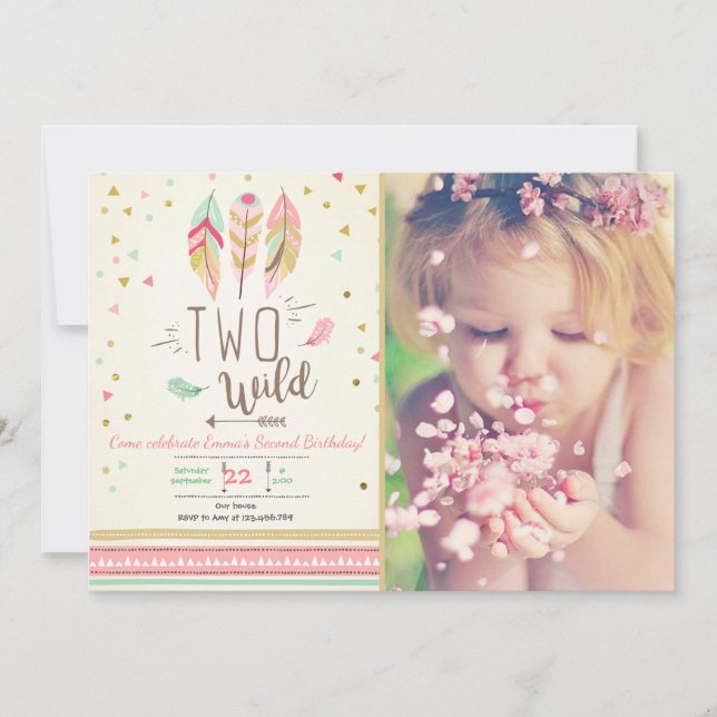 Two Wild Birthday Girl Pink Gold 2nd Boho Feathers Invitation (Front)