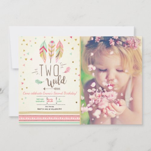 Two Wild Birthday Girl Pink Gold 2nd Boho Feathers Invitation