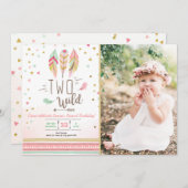 Two Wild Birthday Girl Pink Gold 2nd Boho Feathers Invitation (Front/Back)
