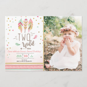 Two Wild Birthday Girl Pink Gold 2nd Boho Feathers Invitation
