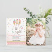 Two Wild Birthday Girl Pink Gold 2nd Boho Feathers Invitation (Standing Front)